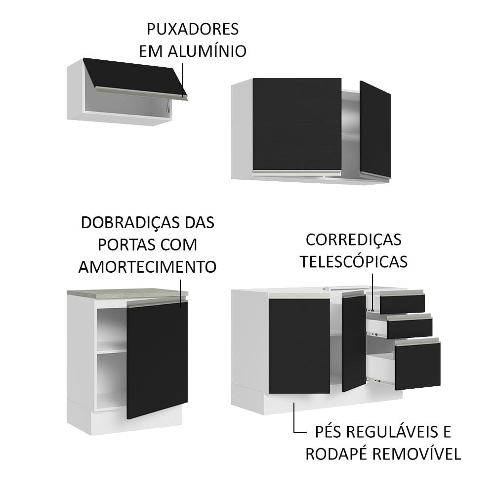Armário de Cozinha Compacta 180cm Branco Preto Glamy Madesa 07