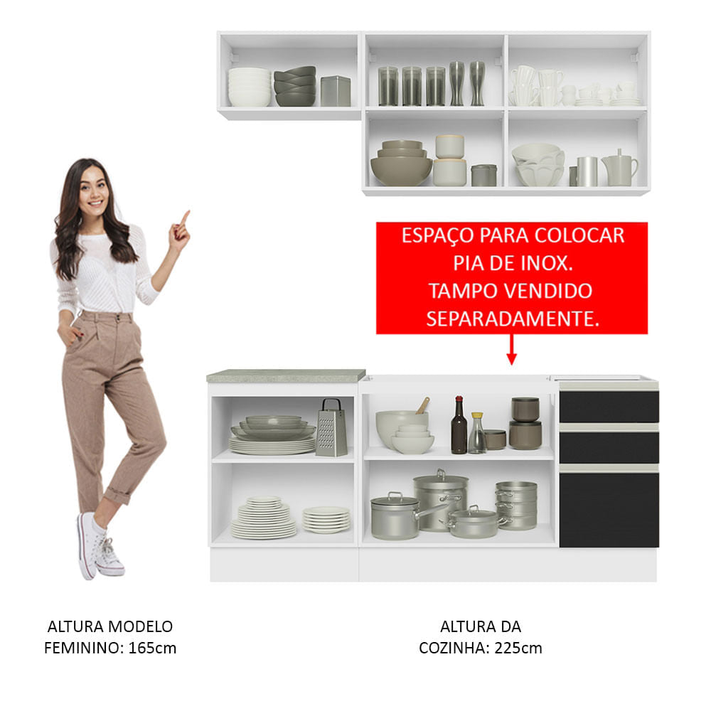 Armário de Cozinha Compacta 180cm Branco Preto Glamy Madesa 07