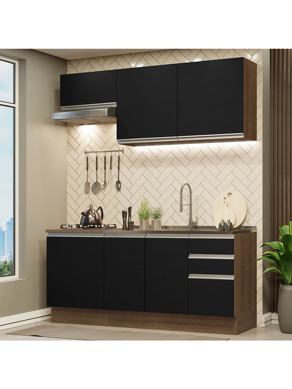 Armário de Cozinha Compacta 180cm Rustic Preto Glamy Madesa 07