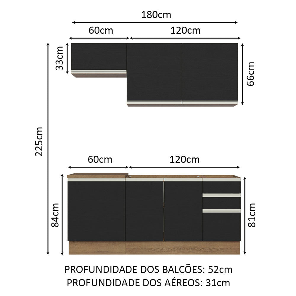 Armário de Cozinha Compacta 180cm Rustic Preto Glamy Madesa 07