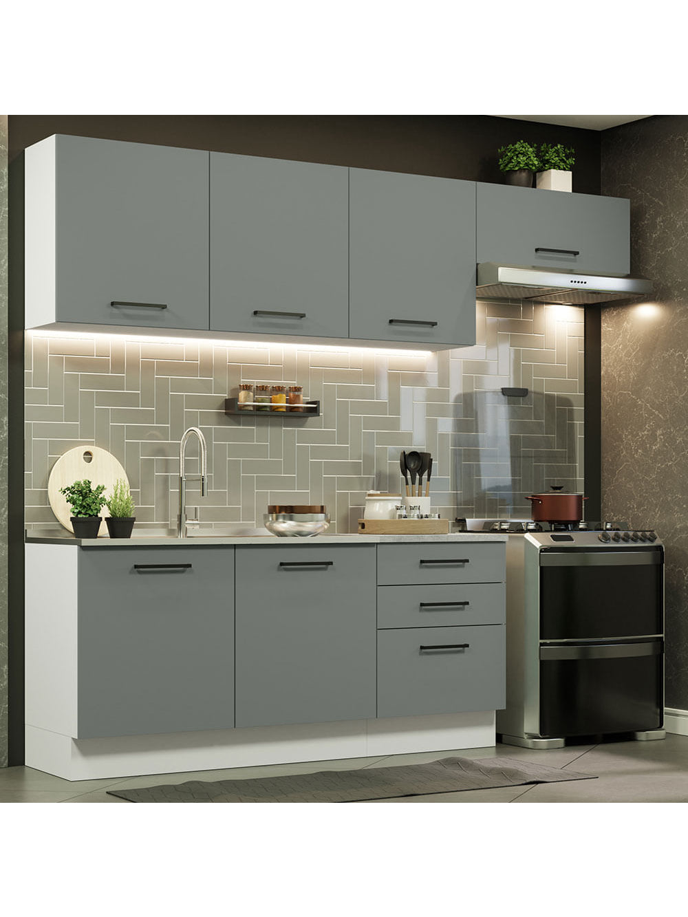 Armário de Cozinha Completa 260cm Branco Cinza Agata Madesa 02 - Branco/Cinza