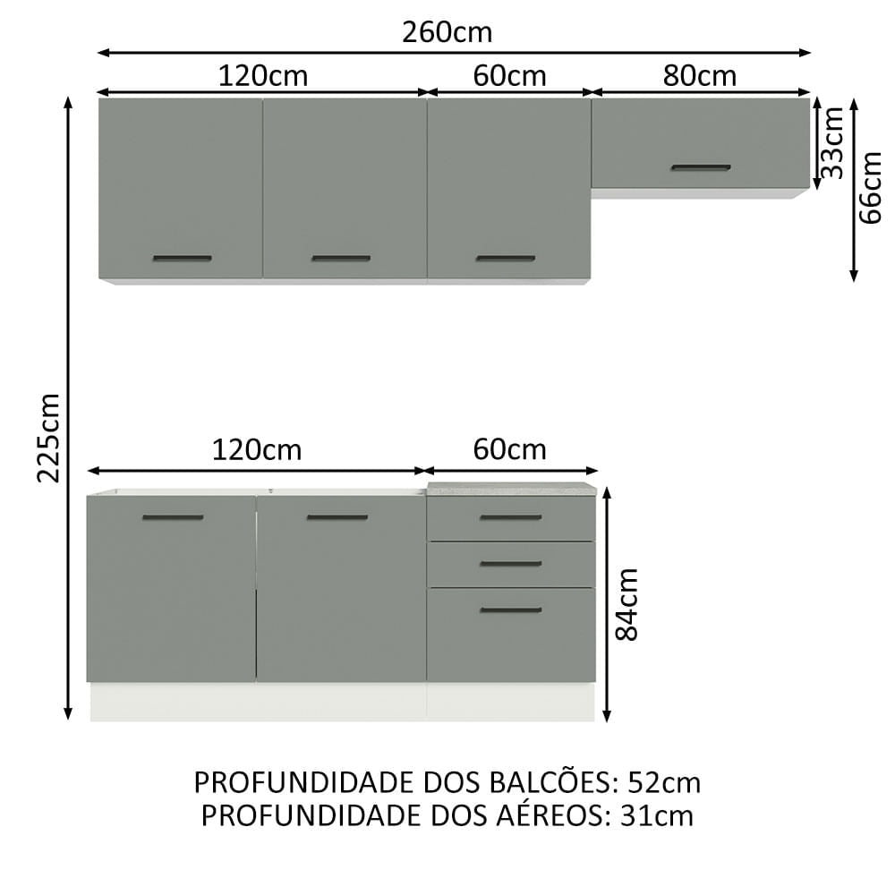 Armário de Cozinha Completa 260cm Branco Cinza Agata Madesa 02
