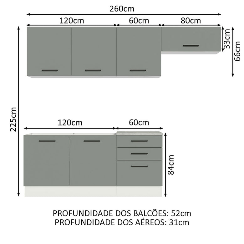 Armário de Cozinha Completa 260cm Branco Cinza Agata Madesa 02