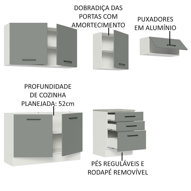 Armário de Cozinha Completa 260cm Branco Cinza Agata Madesa 02
