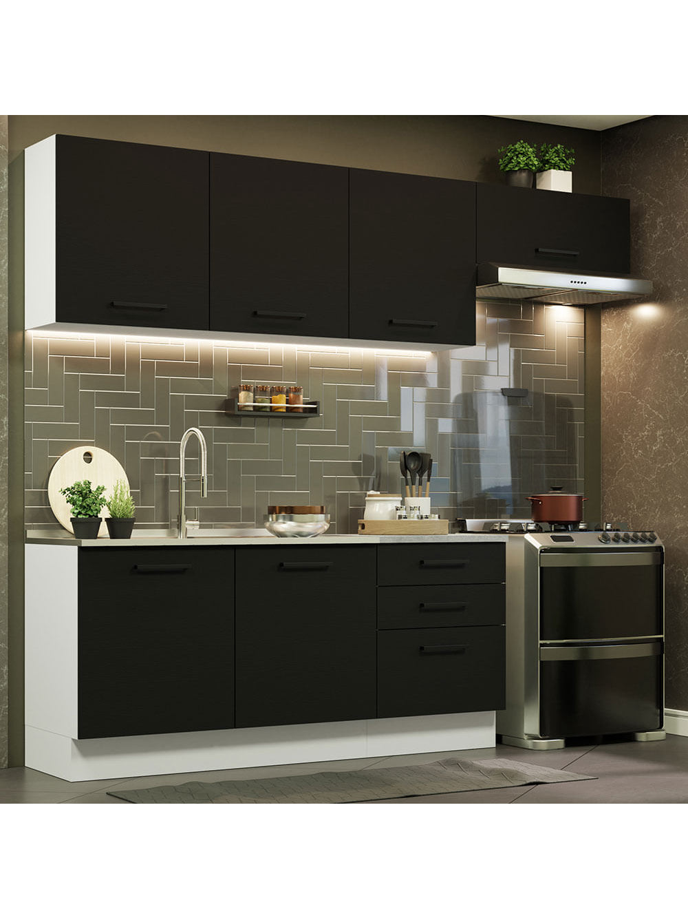 Armário de Cozinha Completa 260cm Branco Preto Agata Madesa 02 - Branco/Preto