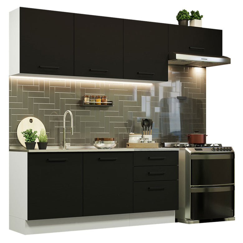 Armário de Cozinha Completa 260cm Branco Preto Agata Madesa 02