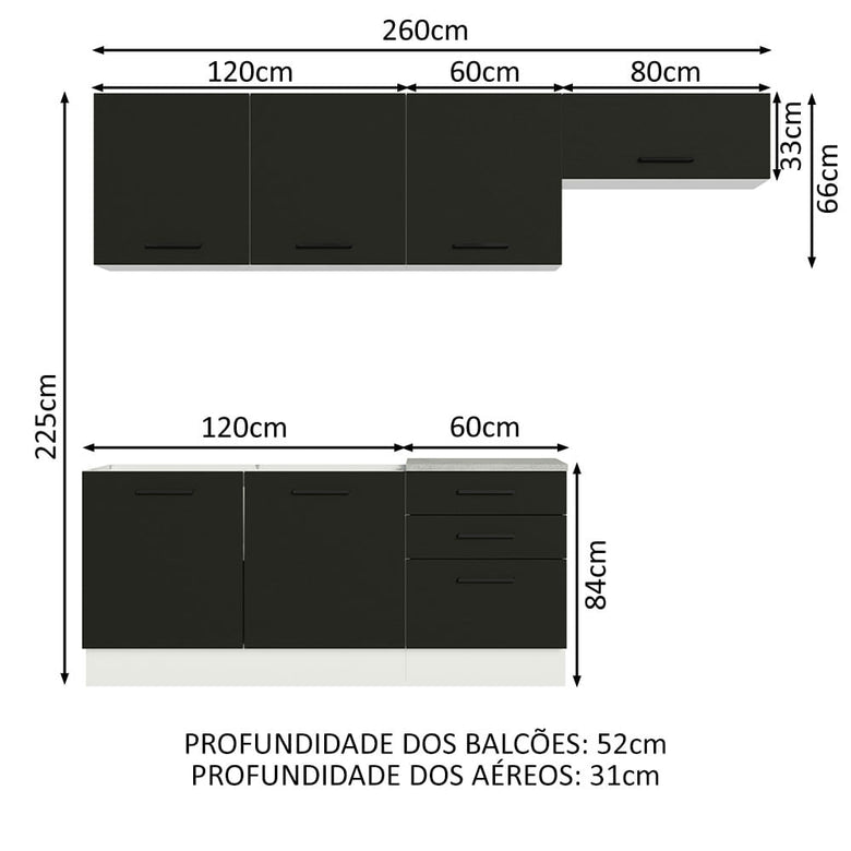 Armário de Cozinha Completa 260cm Branco Preto Agata Madesa 02