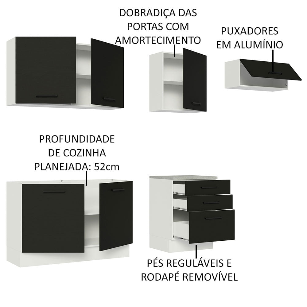 Armário de Cozinha Completa 260cm Branco Preto Agata Madesa 02