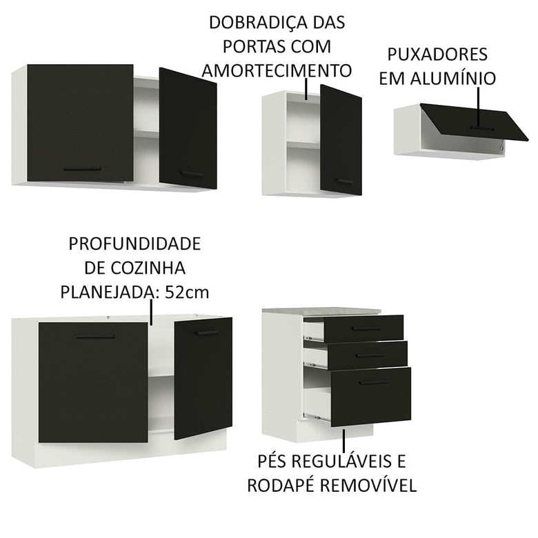 Armário de Cozinha Completa 260cm Branco Preto Agata Madesa 02