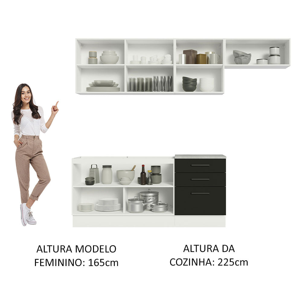 Armário de Cozinha Completa 260cm Branco Preto Agata Madesa 02