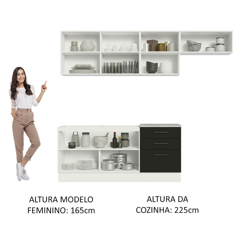 Armário de Cozinha Completa 260cm Branco Preto Agata Madesa 02
