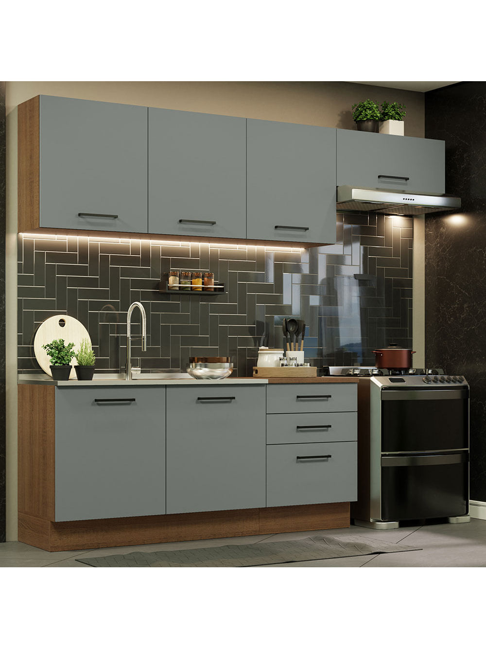Armário de Cozinha Completa 260cm Rustic Cinza Agata Madesa 02 - Rustic/Cinza