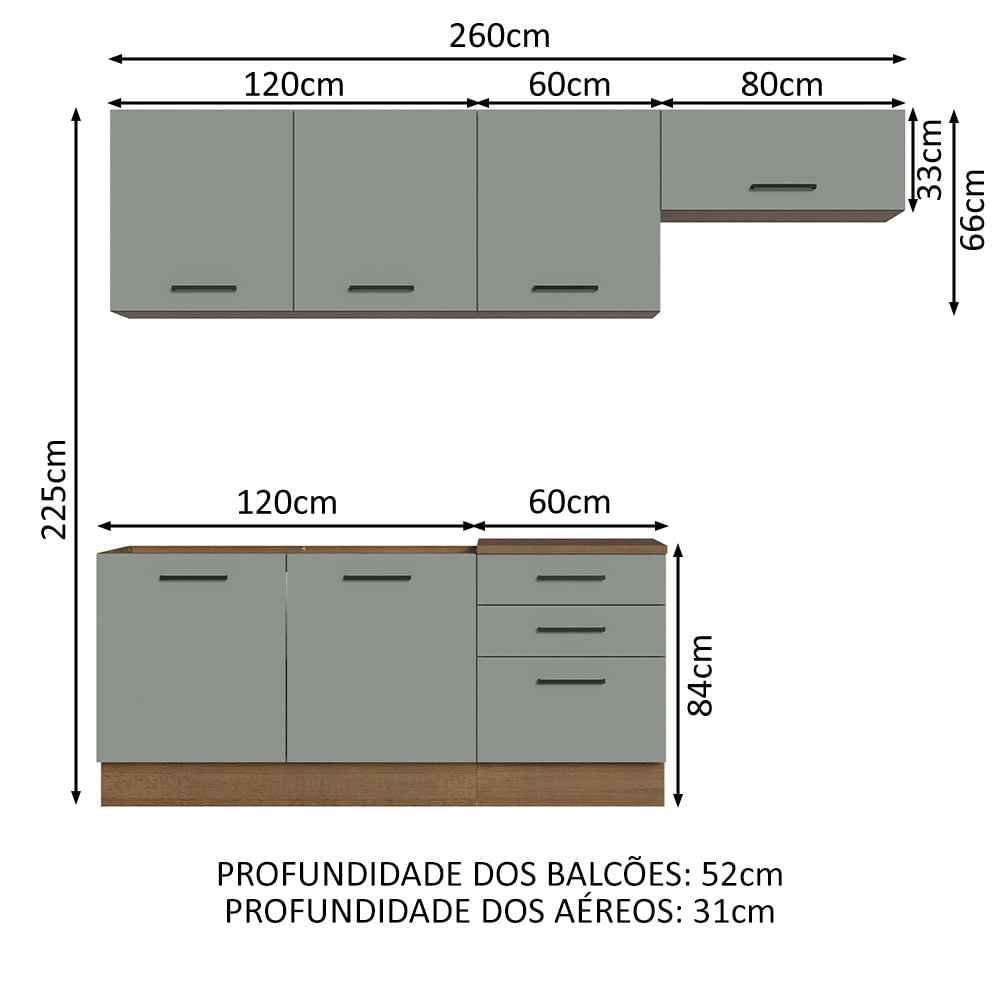 Armário de Cozinha Completa 260cm Rustic Cinza Agata Madesa 02
