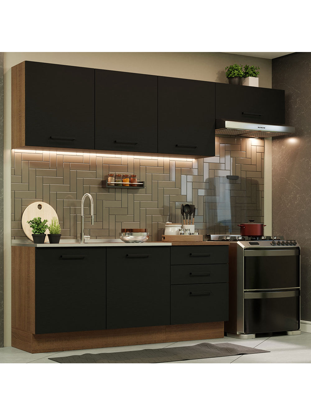 Armário de Cozinha Completa 260cm Rustic Preto Agata Madesa 02 - Rustic/Preto