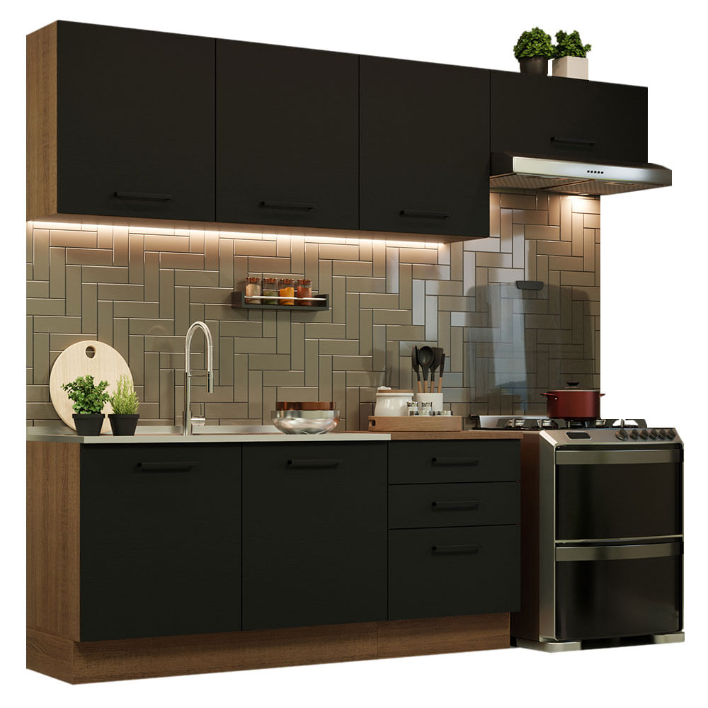 Armário de Cozinha Completa 260cm Rustic Preto Agata Madesa 02 - Rustic/Preto
