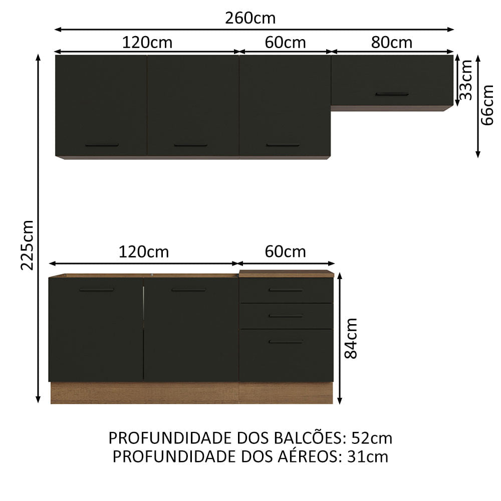 Armário de Cozinha Completa 260cm Rustic Preto Agata Madesa 02