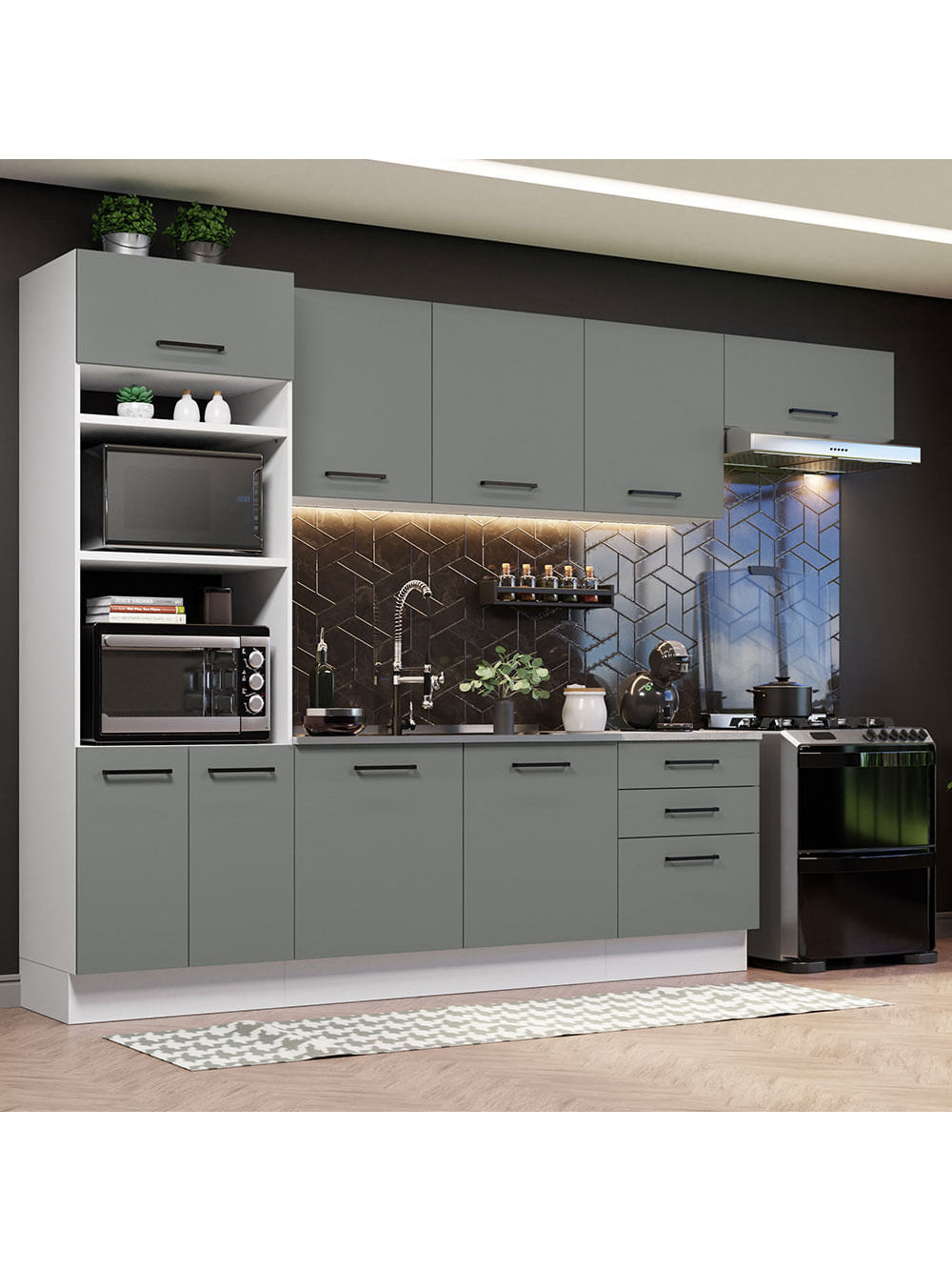 Armário de Cozinha Completa 330cm Branco Cinza Agata Madesa 01 - Branco/Cinza