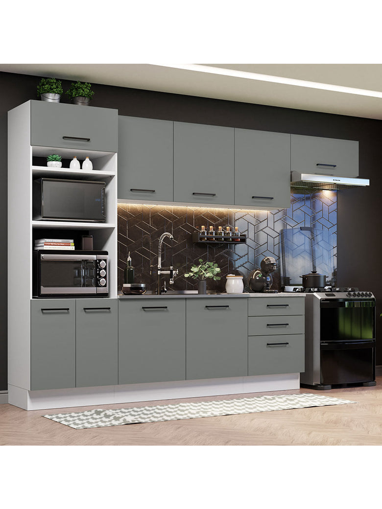 Armário de Cozinha Completa 330cm Branco Cinza Agata Madesa 01
