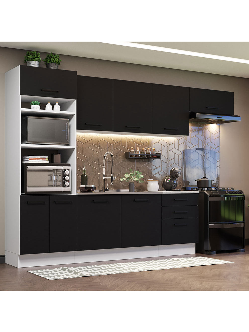 Armário de Cozinha Completa 330cm Branco Preto Agata Madesa 01 - Branco/Preto