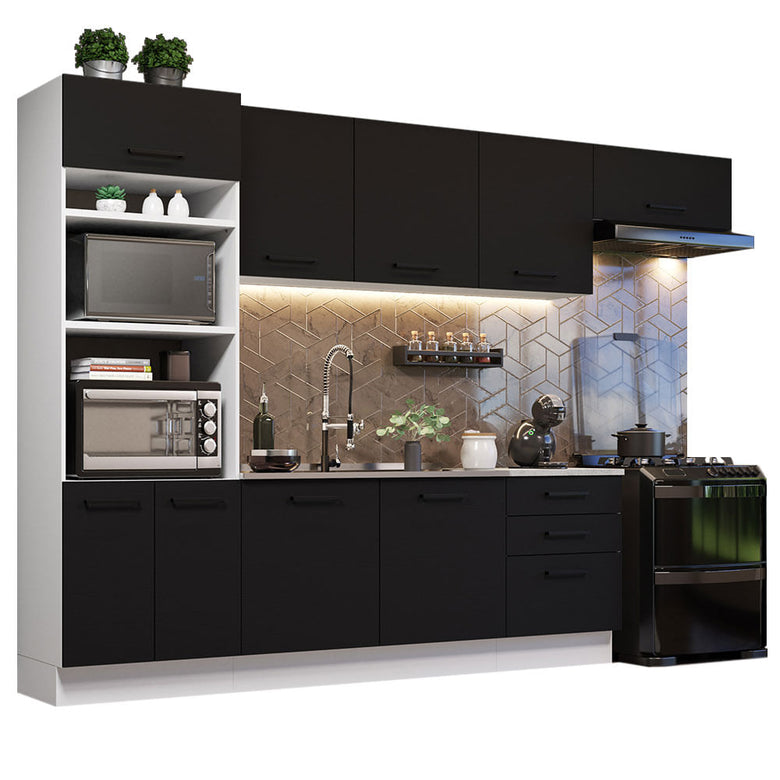 Armário de Cozinha Completa 330cm Branco Preto Agata Madesa 01