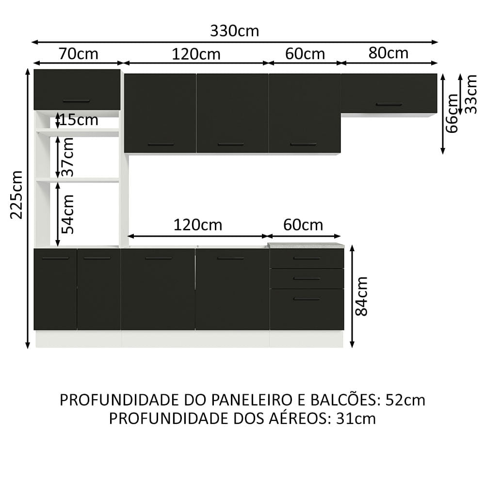 Armário de Cozinha Completa 330cm Branco Preto Agata Madesa 01