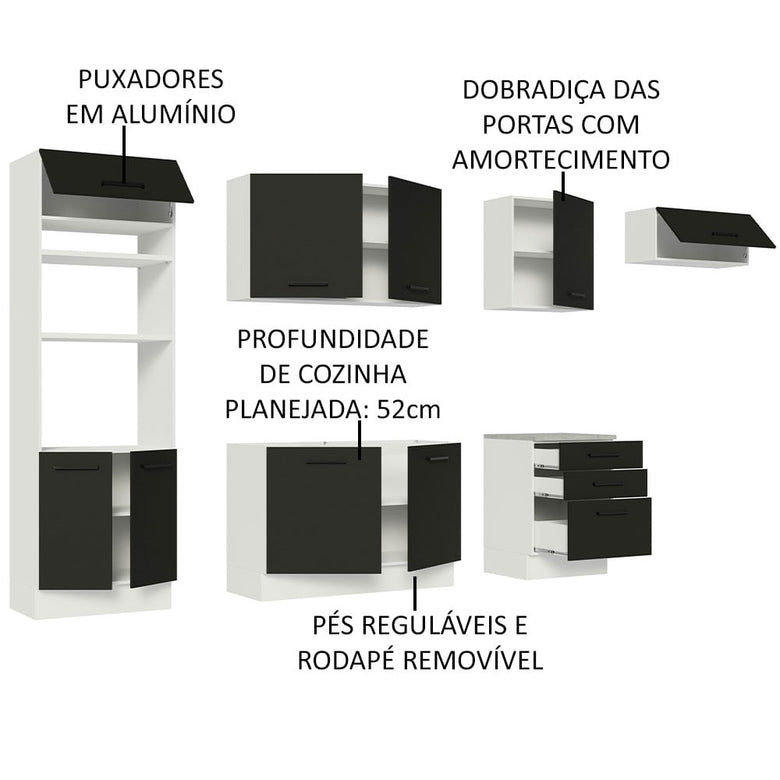 Armário de Cozinha Completa 330cm Branco Preto Agata Madesa 01