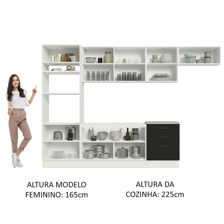 Armário de Cozinha Completa 330cm Branco Preto Agata Madesa 01