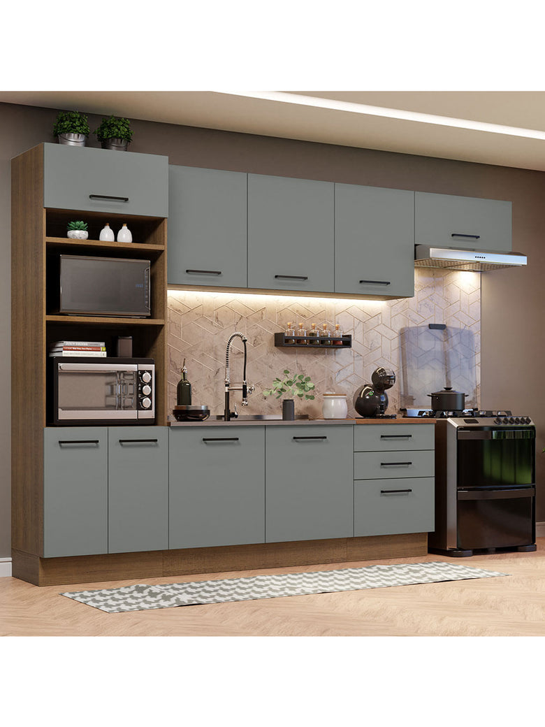 Armário de Cozinha Completa 330cm Rustic Cinza Agata Madesa 01