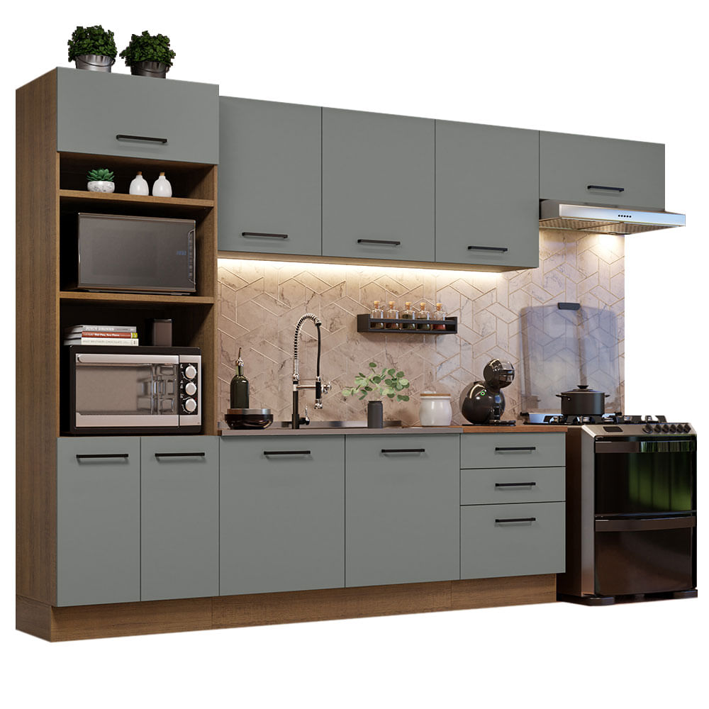 Armário de Cozinha Completa 330cm Rustic Cinza Agata Madesa 01 - Rustic/Cinza