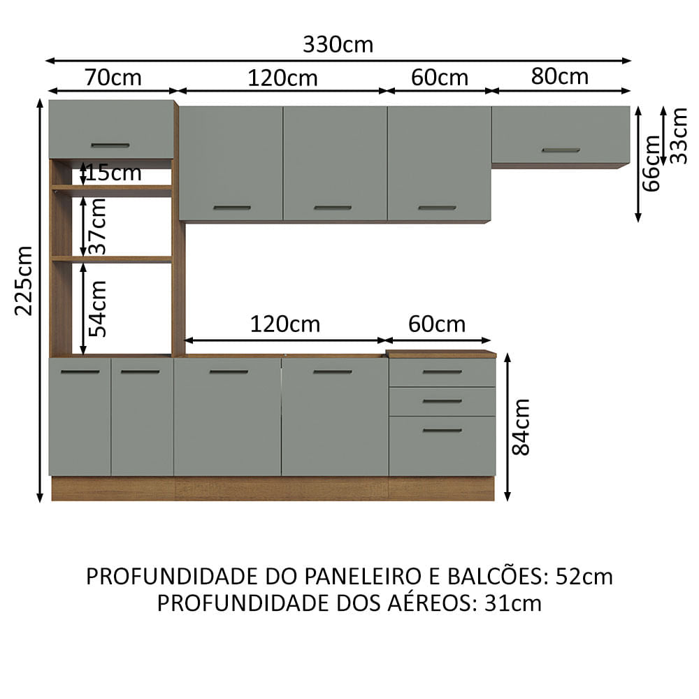 Armário de Cozinha Completa 330cm Rustic Cinza Agata Madesa 01
