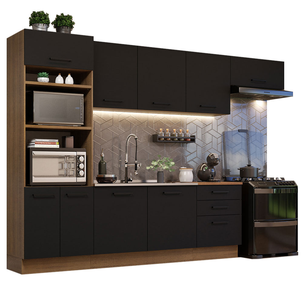 Armário de Cozinha Completa 330cm Rustic Preto Agata Madesa 01 - Rustic/Preto