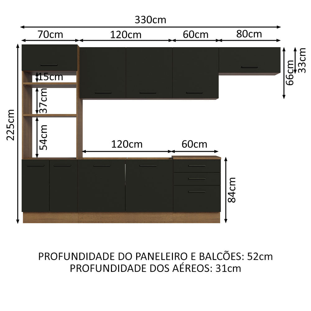 Armário de Cozinha Completa 330cm Rustic Preto Agata Madesa 01