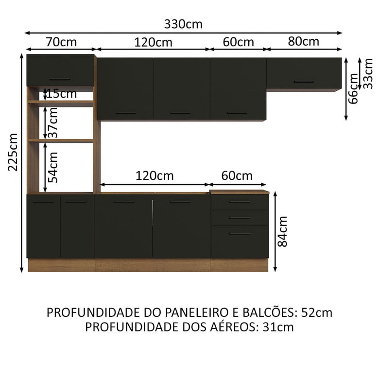 Armário de Cozinha Completa 330cm Rustic Preto Agata Madesa 01