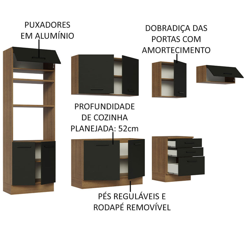 Armário de Cozinha Completa 330cm Rustic Preto Agata Madesa 01