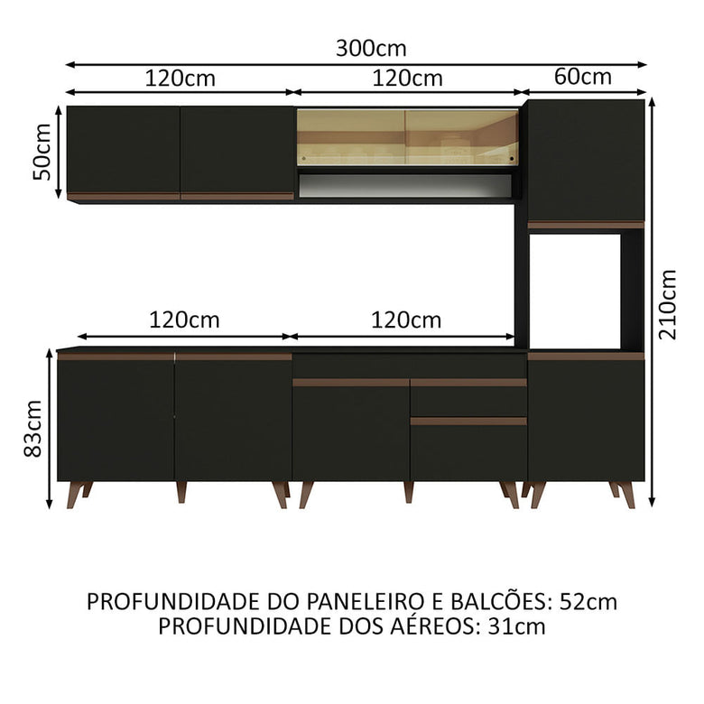 Armário de Cozinha Completa 300cm Preto Reims Madesa 02