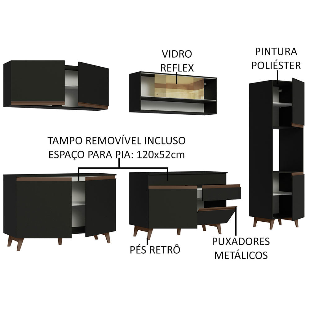 Armário de Cozinha Completa 300cm Preto Reims Madesa 02