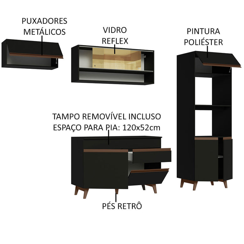 Armário de Cozinha Completa 260cm Preto Reims Madesa 07