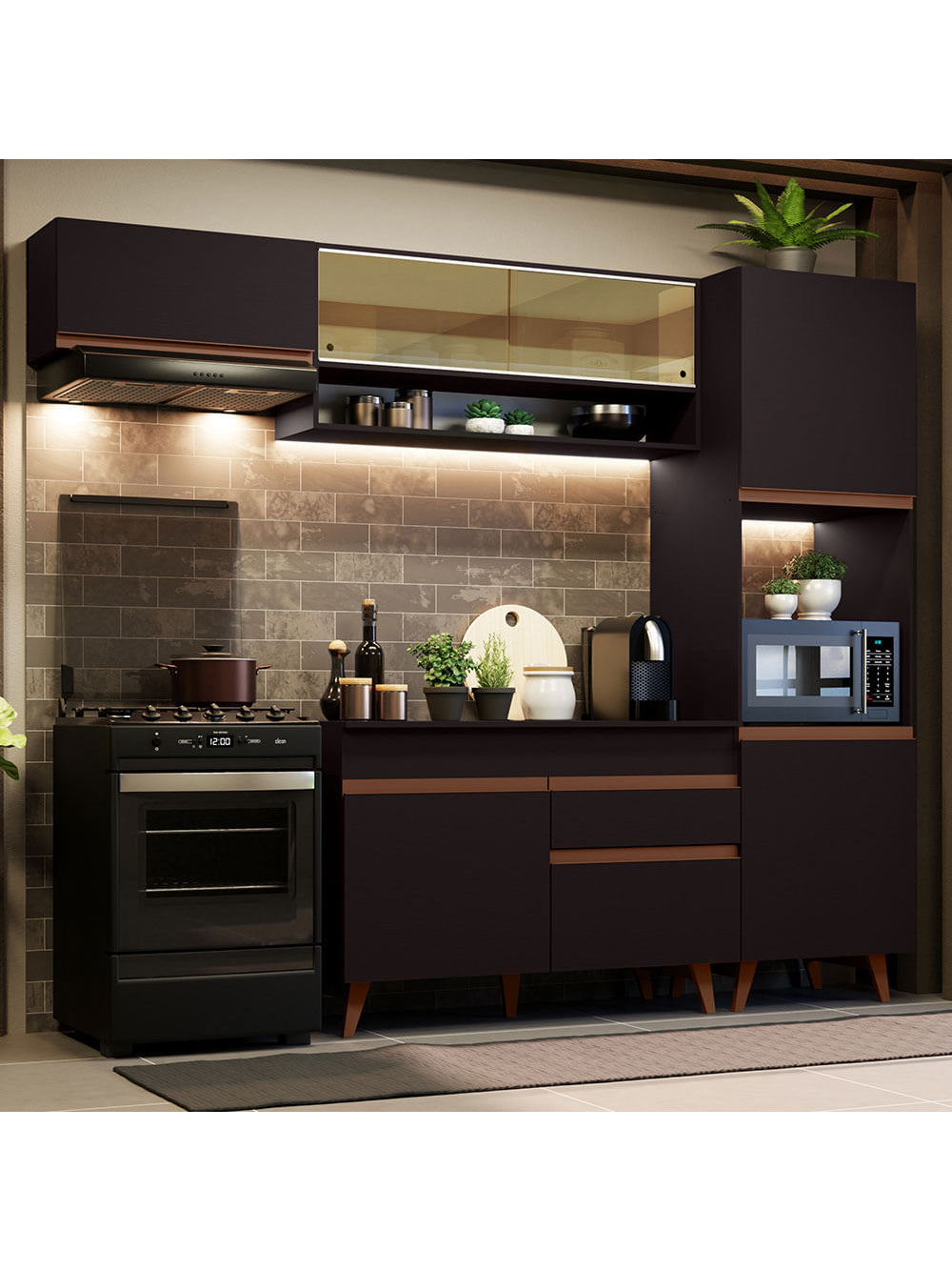 Armário de Cozinha Completa 250cm Preto Reims Madesa 04 - Preto