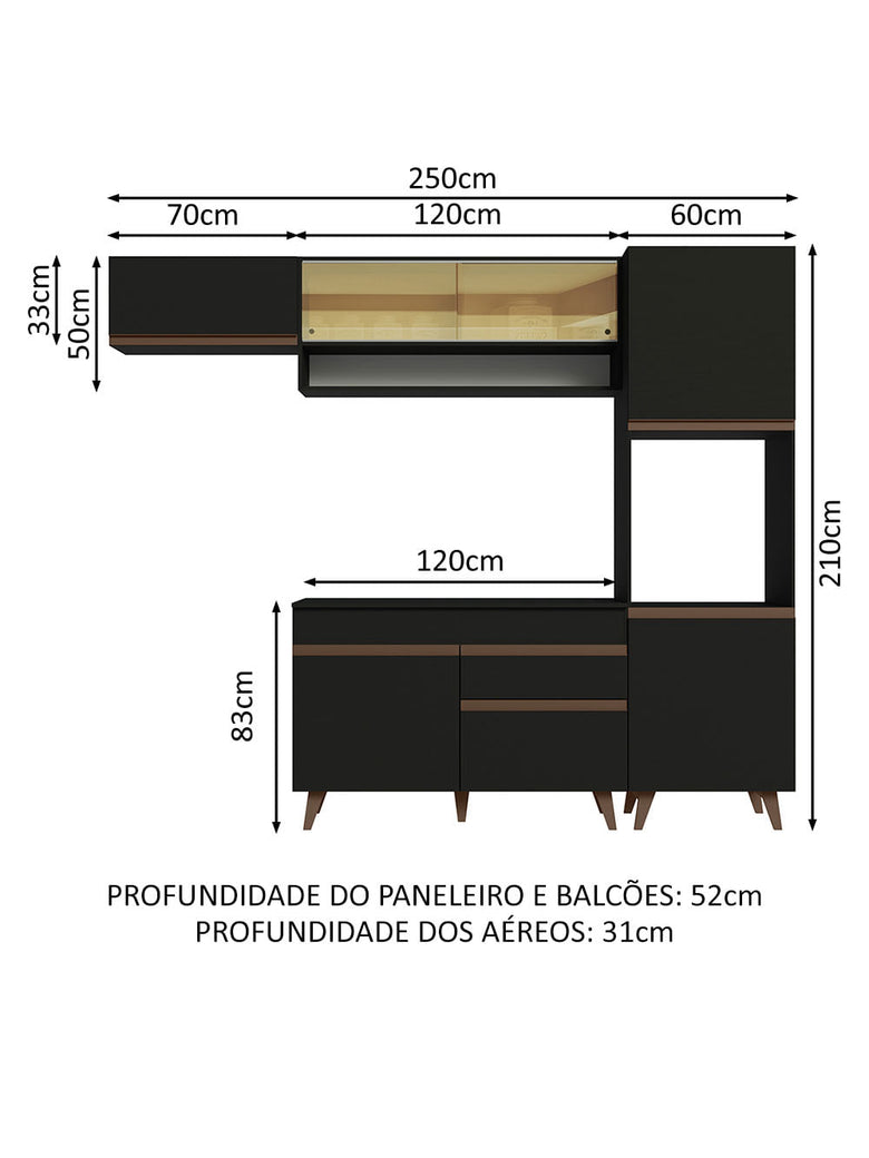Armário de Cozinha Completa 250cm Preto Reims Madesa 04