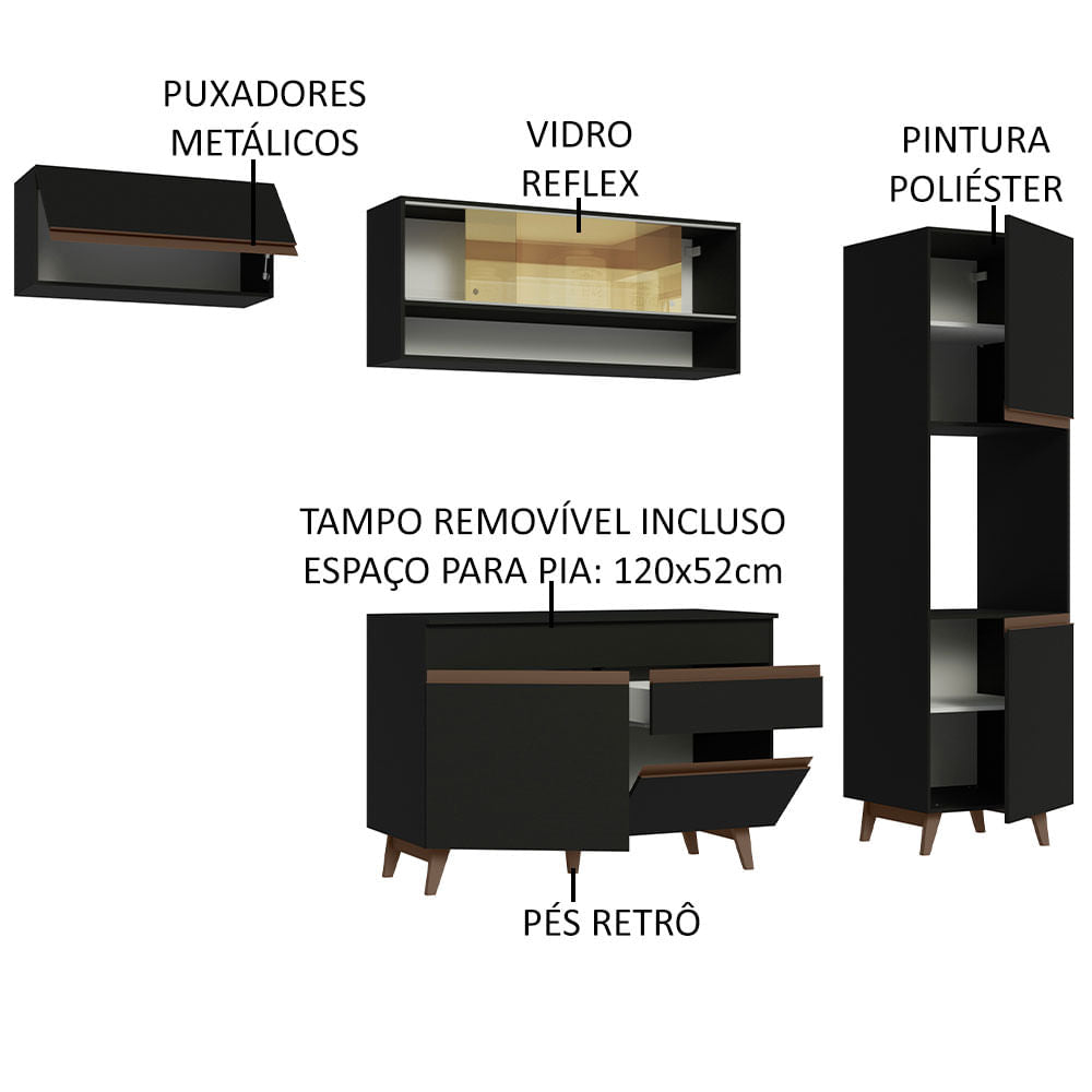 Armário de Cozinha Completa 250cm Preto Reims Madesa 04