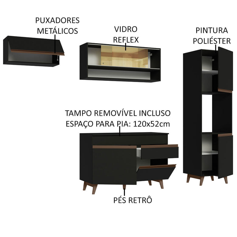 Armário de Cozinha Completa 250cm Preto Reims Madesa 04