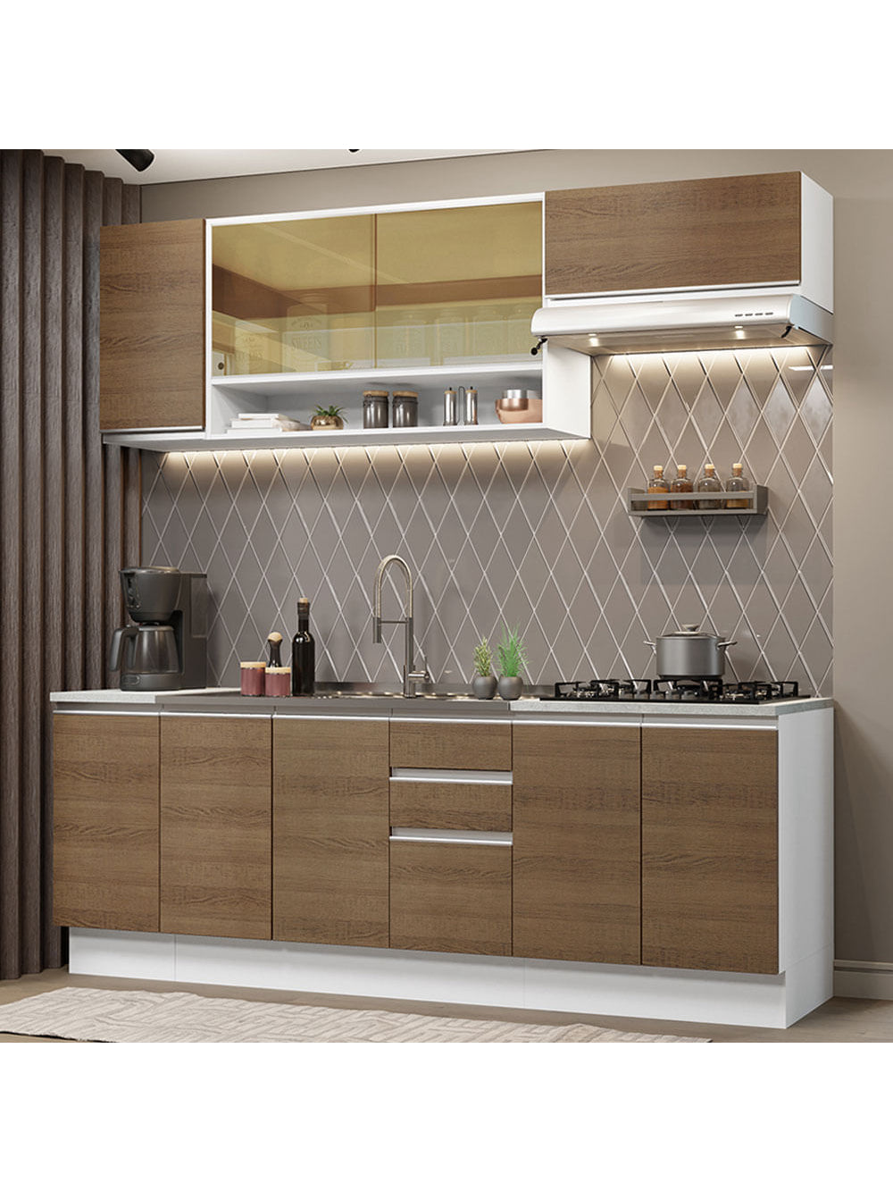 Armário de Cozinha Completa 240cm Branco Rustic Glamy Madesa 03 - Branco/Rustic