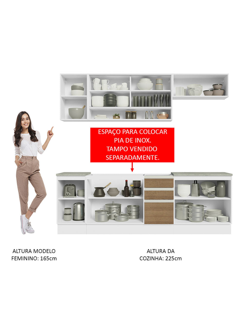 Armário de Cozinha Completa 240cm Branco Rustic Glamy Madesa 03