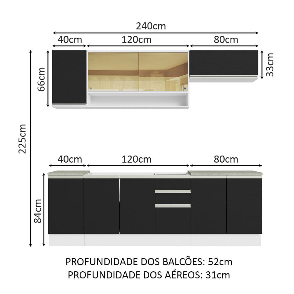 Armário de Cozinha Completa 240cm Branco Preto Glamy Madesa 03