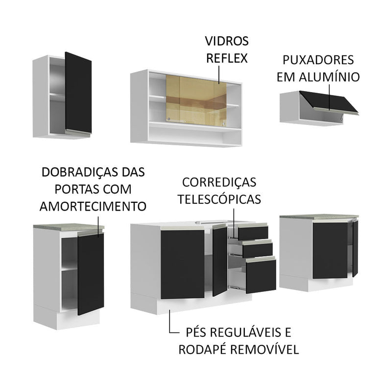 Armário de Cozinha Completa 240cm Branco Preto Glamy Madesa 03
