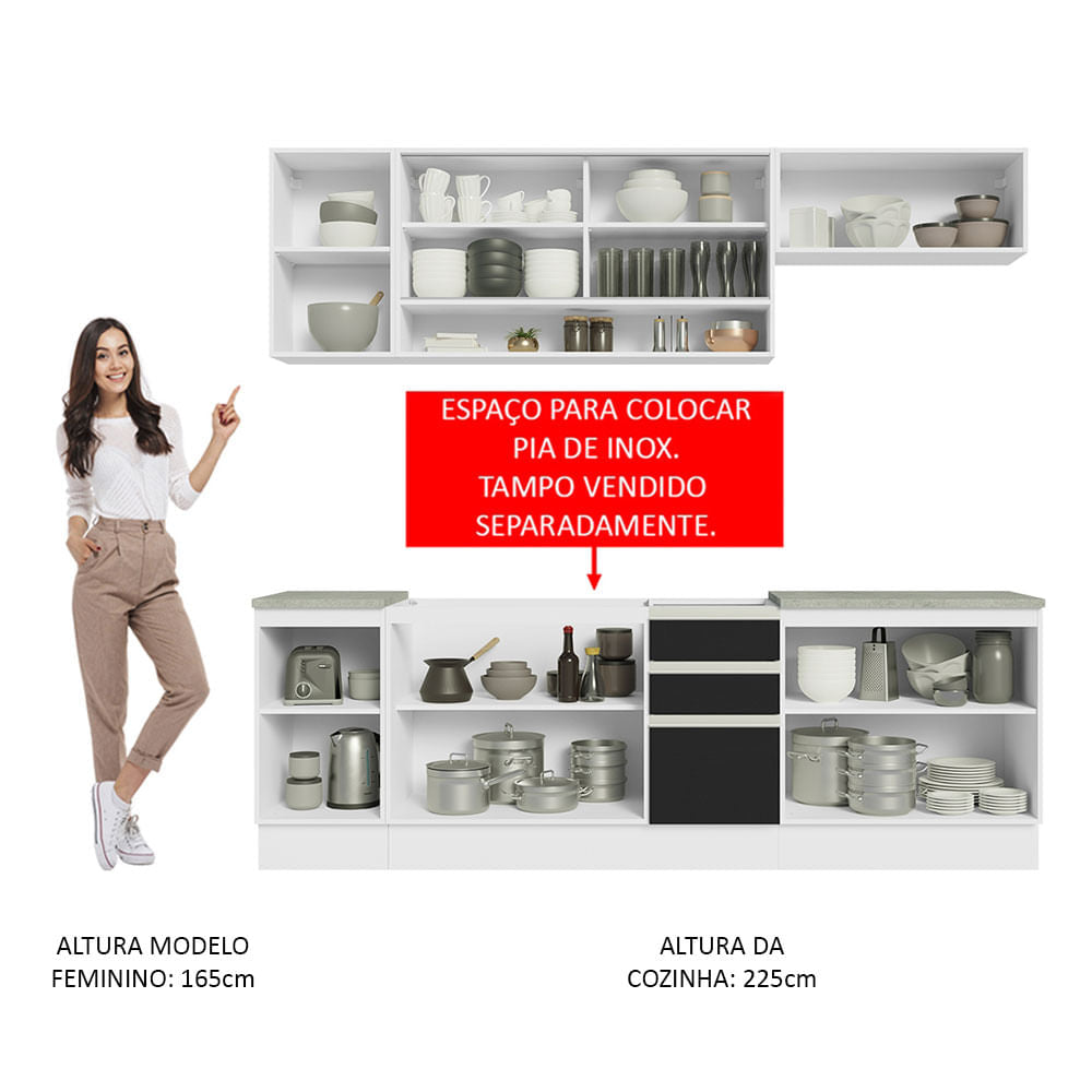 Armário de Cozinha Completa 240cm Branco Preto Glamy Madesa 03