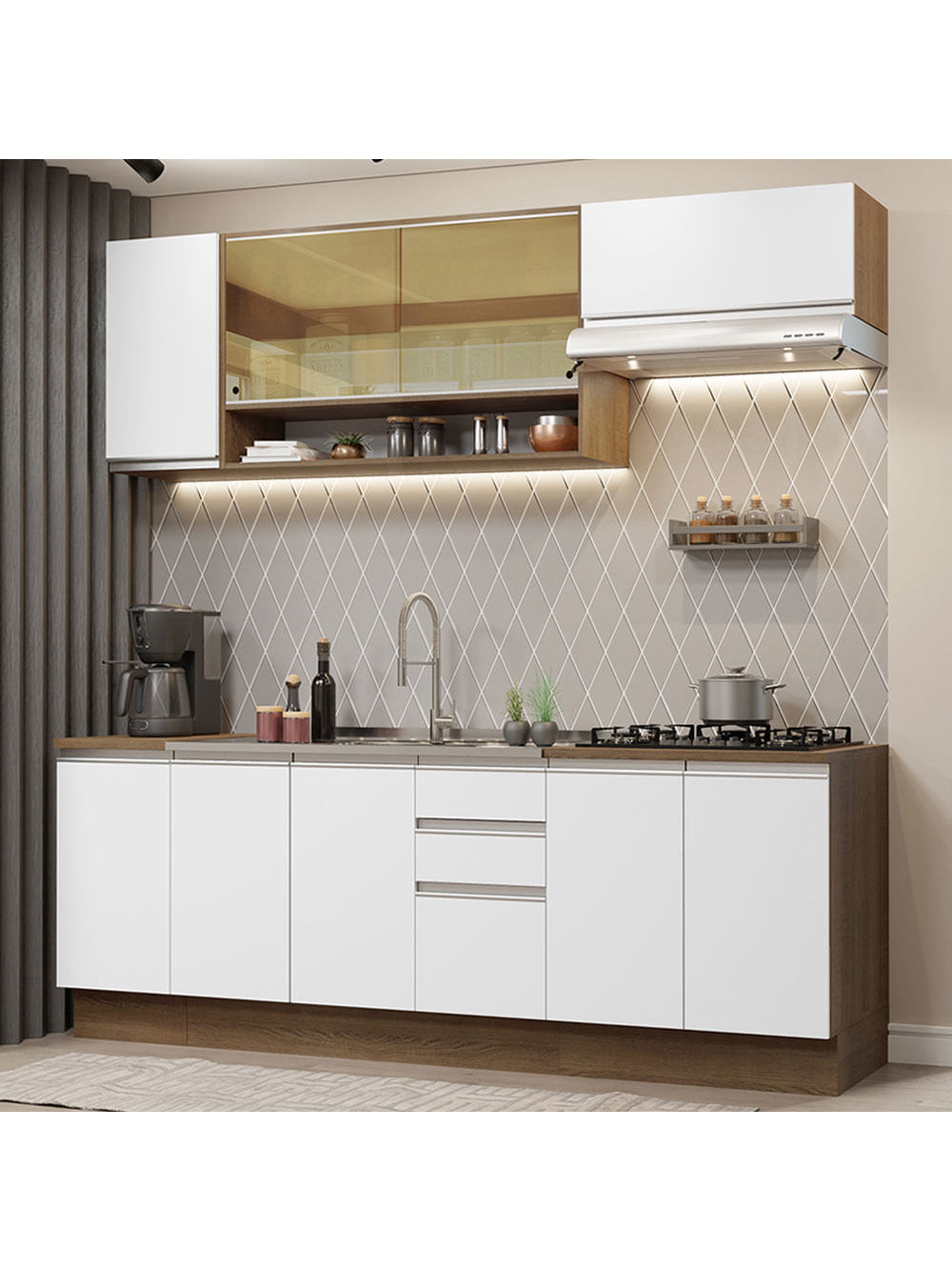 Armário de Cozinha Completa 240cm Rustic Branco Glamy Madesa 03 - Rustic/Branco