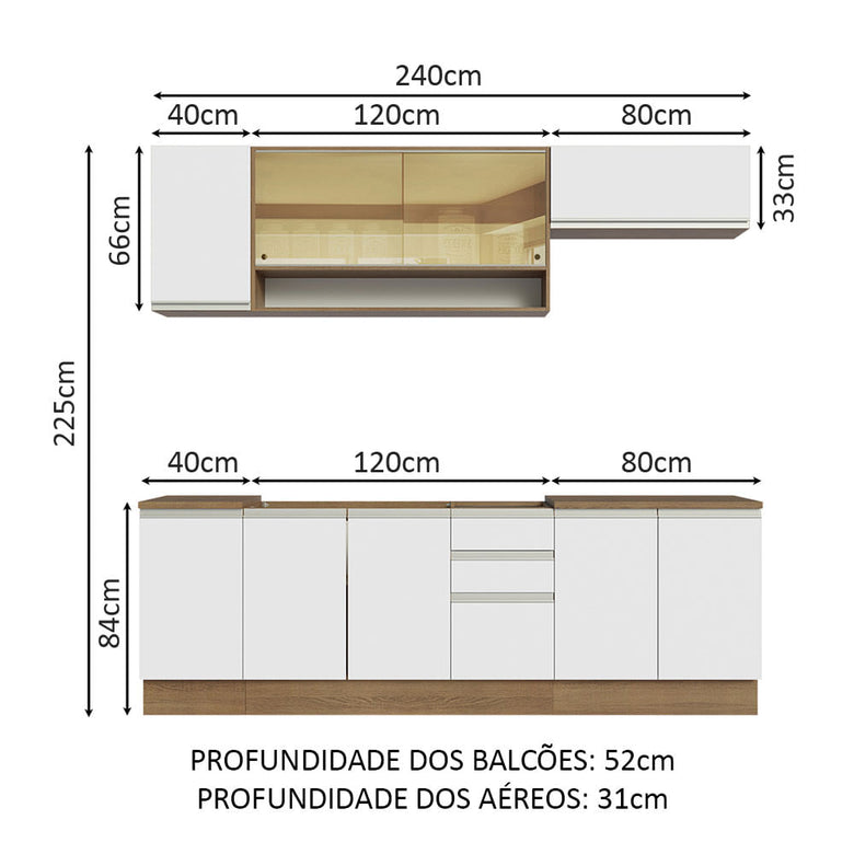 Armário de Cozinha Completa 240cm Rustic Branco Glamy Madesa 03