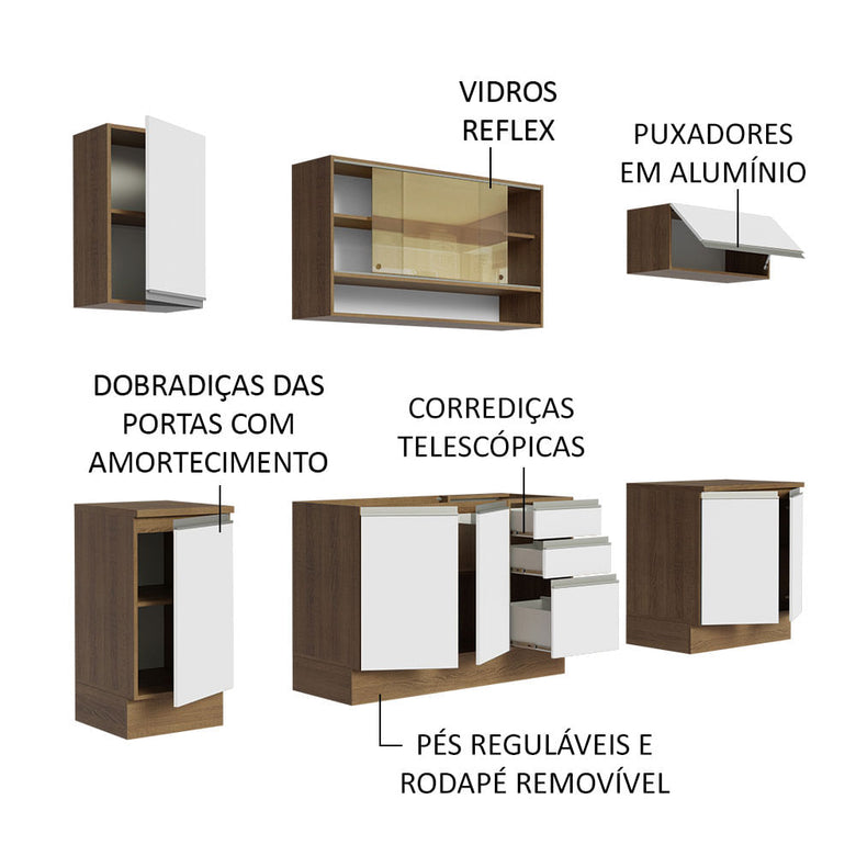 Armário de Cozinha Completa 240cm Rustic Branco Glamy Madesa 03