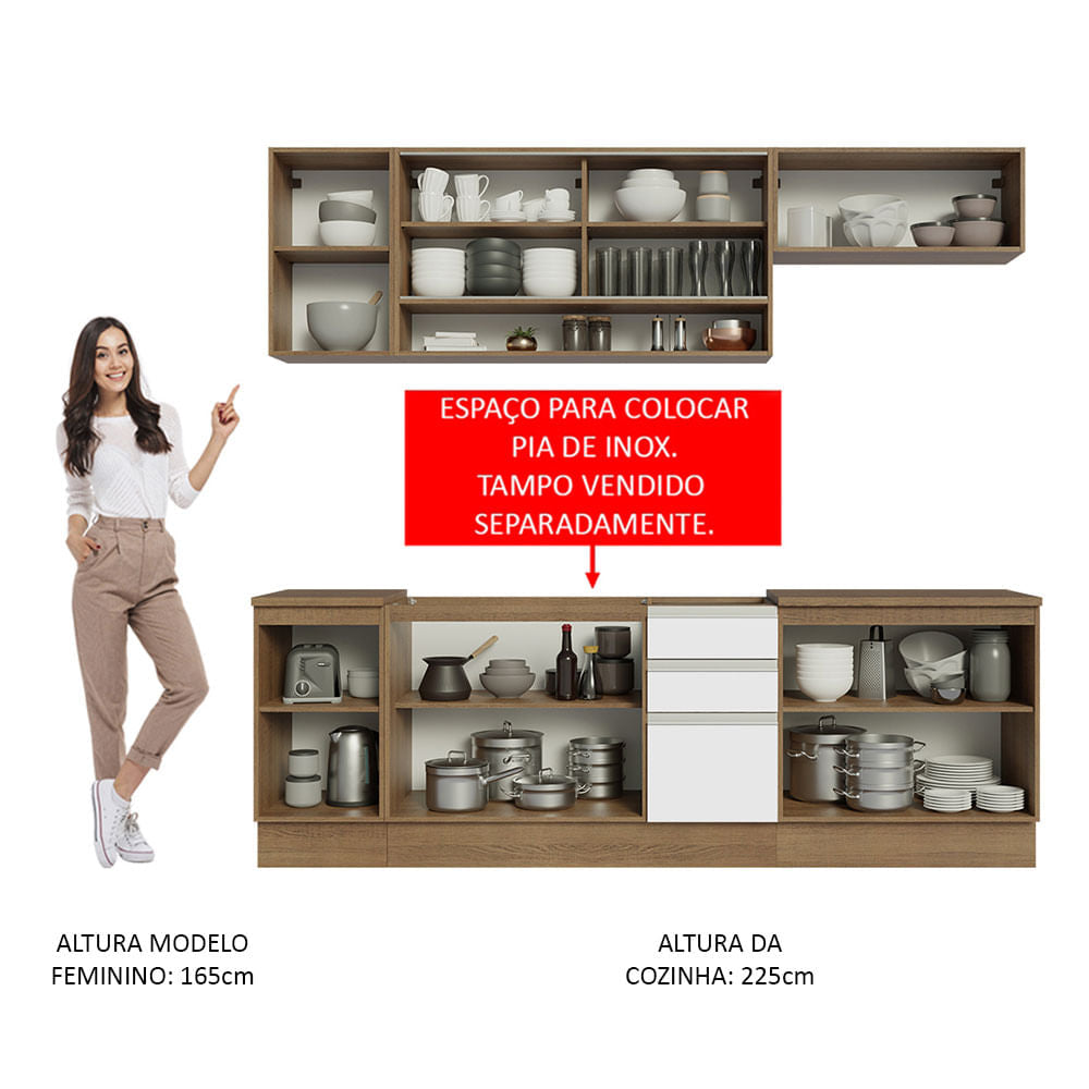 Armário de Cozinha Completa 240cm Rustic Branco Glamy Madesa 03